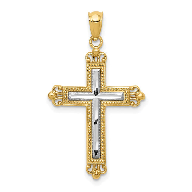 14K w/Rhodium Diamond-Cut Cross Pendant, 27 x 18mm
