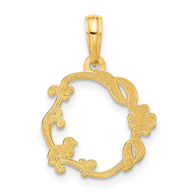 14K Polished Floral with Bird Circle Pendant