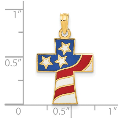 14K Polished and Enameled American Flag Cross Pendant
