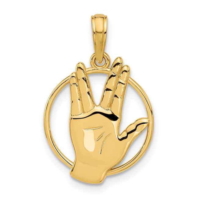 14K Polished Hand Gesture in Circle Charm, 23.2 x 15mm