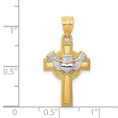 14K Yellow Gold and Rhodium Accent Claddagh Cross Pendant