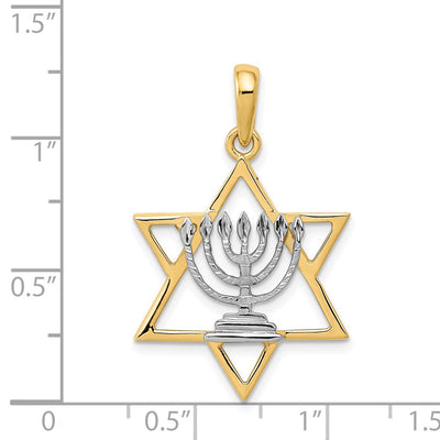 14K w/ White Rhodium Solid Menorah In Star Of David Charm