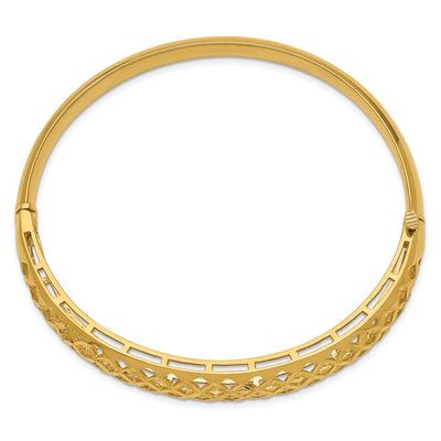 14K Polished Graduated Diamond-cut 6.25- Fancy Weave Hinged Oval Bangle Bracelet