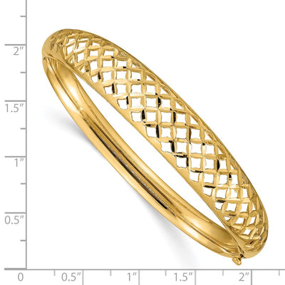 14K Polished Graduated Diamond-cut 6.25- Fancy Weave Hinged Oval Bangle Bracelet