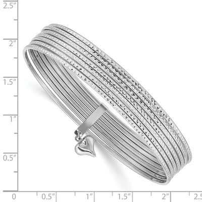 14K Oversize White Gold Polished and Textured with Dangle Heart 7-Strand Slip-on Round Bangle Bracelet