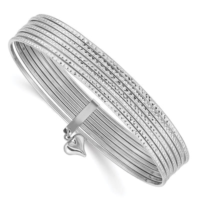 14K Oversize White Gold Polished and Textured with Dangle Heart 7-Strand Slip-on Round Bangle Bracelet