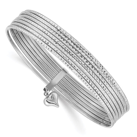 14K Oversize White Gold Polished and Textured with Dangle Heart 7-Strand Slip-on Round Bangle Bracelet