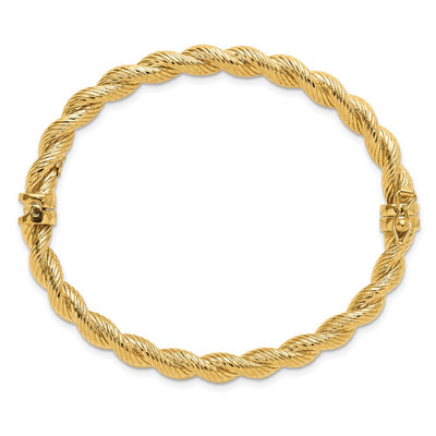 14K Polished and Textured Twisted Hinged Oval Bangle Bracelet