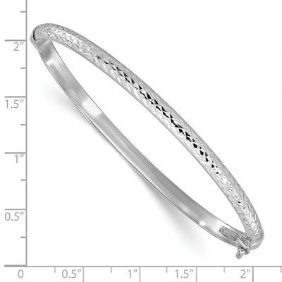14K White Gold Polished Diamond-cut Hinged Oval Bangle Bracelet