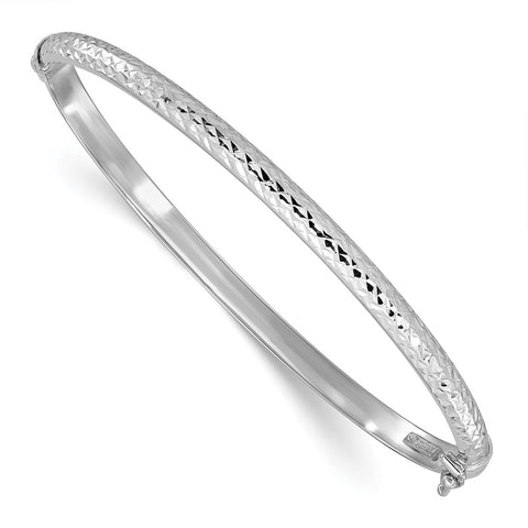 14k White Gold Polished Diamond-cut Hinged Oval Bangle Bracelet