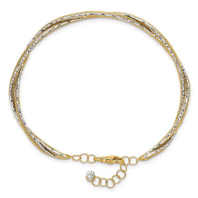 14K Two-tone Diamond-cut and Textured Braided with Safety Chain Flexible Oval Bangle Bracelet