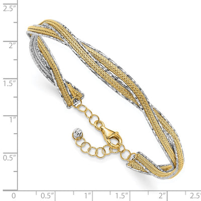 14K Two-tone Diamond-cut and Textured Braided with Safety Chain Flexible Oval Bangle Bracelet