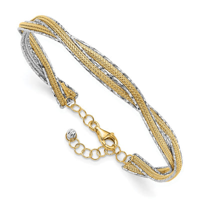 14K Two-tone Diamond-cut and Textured Braided with Safety Chain Flexible Oval Bangle Bracelet
