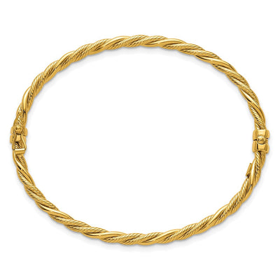 14K Polished and Textured Twisted Hinged Oval Bangle Bracelet
