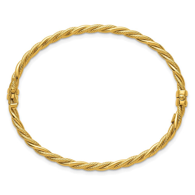 14K Polished and Textured Twisted Hinged Oval Bangle Bracelet