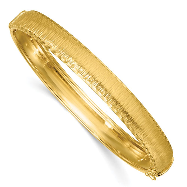 14k Polished Diamond-Cut Textured Hinged Oval Bangle Bracelet