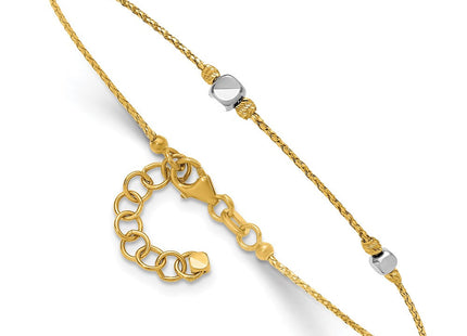 14K Two-Tone Polished Diamond-cut Round and Square Beaded Bracelet with Extension (Style DB766)