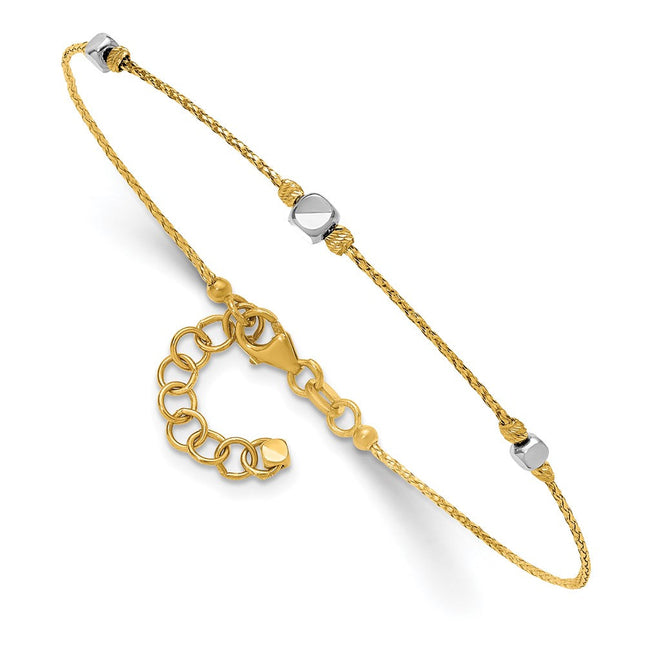 14K Two-Tone Polished Diamond-cut Round and Square Beaded Bracelet with Extension, 8 x 3.2mm