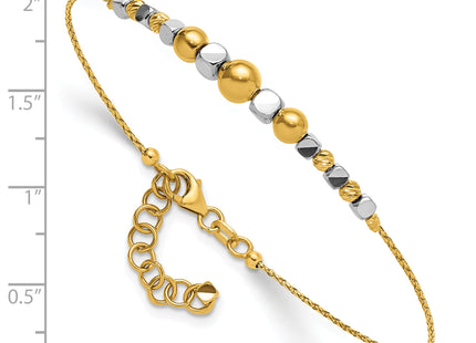 14K Two-Tone Polished Diamond-cut Round and Square Beaded Bracelet with Extension, 8 x 5mm