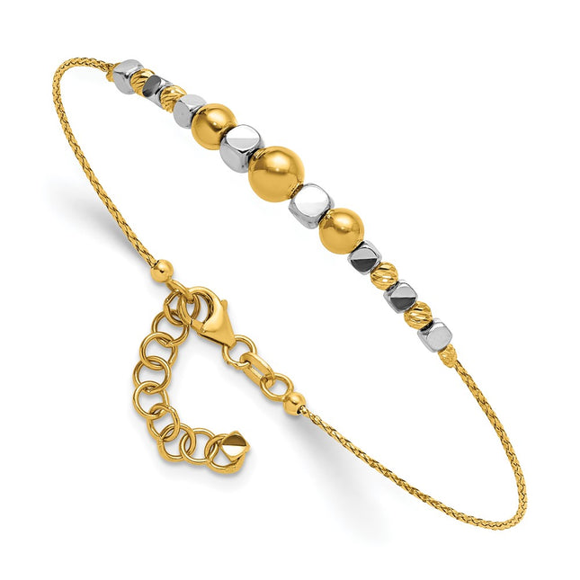 14K Two-Tone Polished Diamond-cut Round and Square Beaded Bracelet with Extension, 8 x 5mm