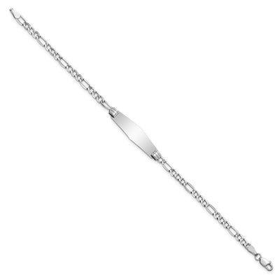 14K White Gold Polished Semi-Solid Chain/Solid Plate Figaro Link Soft Diamond Shape 25.5x7.8mm Plate ID Bracelet