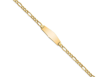 14k Polished Semi-solid Chain/Solid Plate Figaro Link Soft Diamond Shape 28x9. Plate ID Bracelet (Style DCID108C-7)