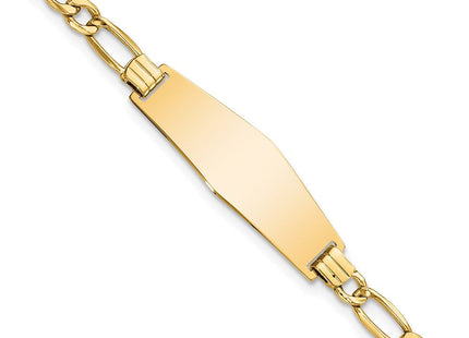 14k Polished Semi-solid Chain/Solid Plate Figaro Link Soft Diamond Shape 28x9. Plate ID Bracelet (Style DCID108C-7)