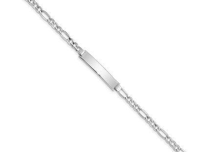 14K White Gold Polished Semi-Solid Chain/Solid Plate Figaro Link 33.5x6. Plate ID Bracelet (Style DCID108W-7)