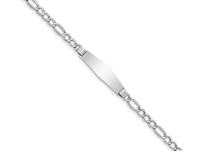 14K White Gold Polished Semi-Solid Chain/Solid Plate Figaro Link Soft Diamond Shape Plate ID Bracelet (Style DCID135CW-7)