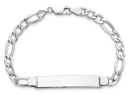 14k White Gold Polished Semi-Solid Chain/Solid Plate Figaro Link Plate ID Bracelet (Style DCID135W-7)