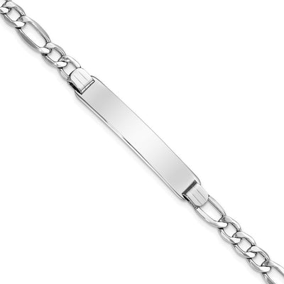 14K White Gold Polished Semi-Solid Chain/Solid Plate Figaro Link Plate ID Bracelet, 7 x 7mm