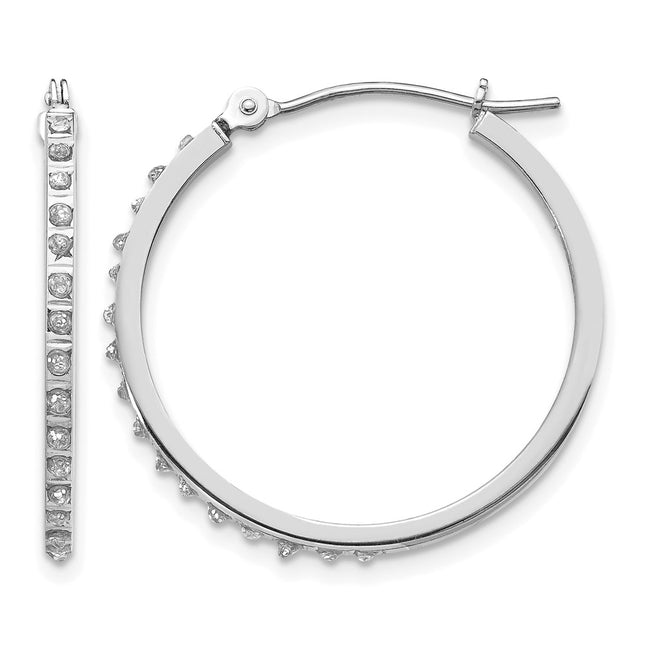 14k White Gold Diamond Fascination Round Hinged Hoop Earrings, 26 x 2mm