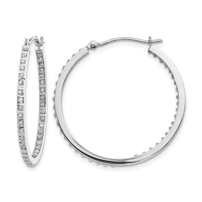 14k White Gold Diamond Fascination Round Hinged Hoop Earrings, 30 x 2mm