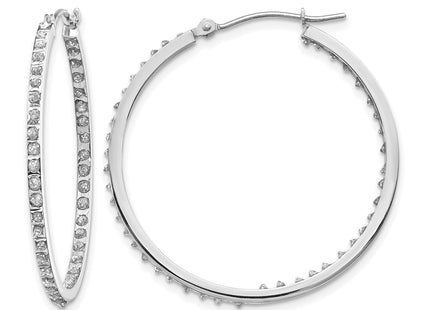14k White Gold Diamond Fascination Round Hinged Hoop Earrings, 36 x 2mm