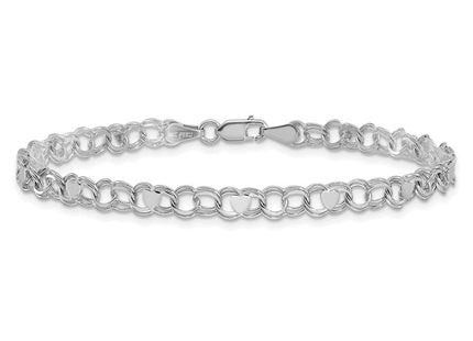 14k White Gold Solid Double Link with Hearts Charm Bracelet (Style DO499W-7)