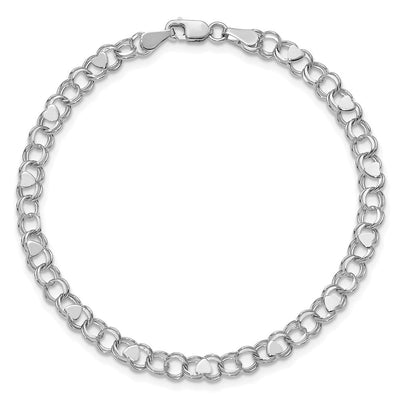 14K White Gold Solid Double Link with Hearts Charm Bracelet