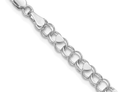 14k White Gold Solid Double Link with Hearts Charm Bracelet (Style DO499W-7)