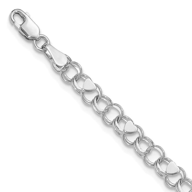 14k White Gold Solid Double Link with Hearts Charm Bracelet