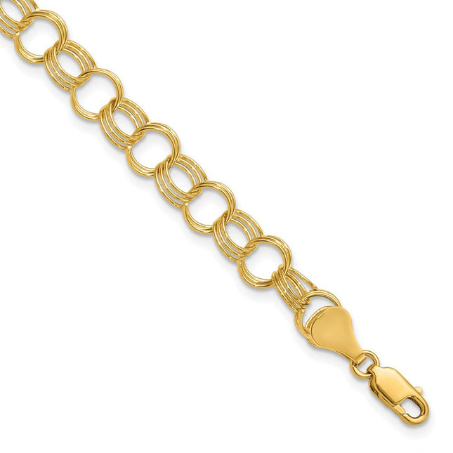 14k Solid Triple Link Charm Bracelet, 7 x 7mm