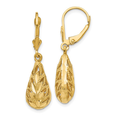 14K Polished and Diamond-Cut Dangle Leverback Earrings