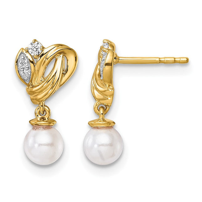 14K Polished 1/15 carat Diamond and White Freshwater Cultured Pearl Dangle Post Earrings, 16.1 x 8.1mm