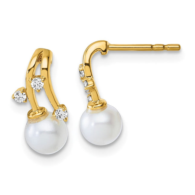 14K Polished 1/10 carat Diamond and White Freshwater Cultured Pearl Drop Post Earrings, 13.45 x 5.95mm