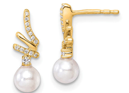 14K Polished 1/10 carat Diamond and White Freshwater Cultured Pearl Drop Post Earrings (Style EM10193-010-YAA)
