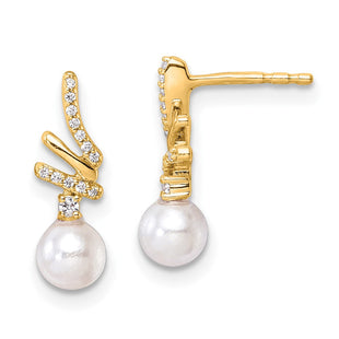 14K Polished 1/10 carat Diamond and White Freshwater Cultured Pearl Drop Post Earrings (Style EM10193-010-YAA)