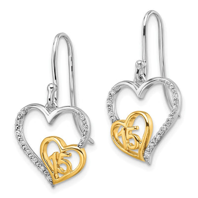 14K Two-tone Polished Diamond Quinceanera Heart Dangle Earrings