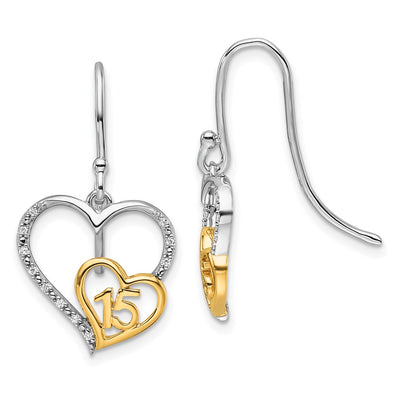 14K Two-tone Polished Diamond Quinceanera Heart Dangle Earrings