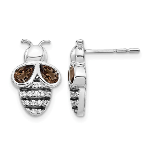 14k White Gold Diamond and Smokey Quartz Bee Earrings, 16 x 10mm