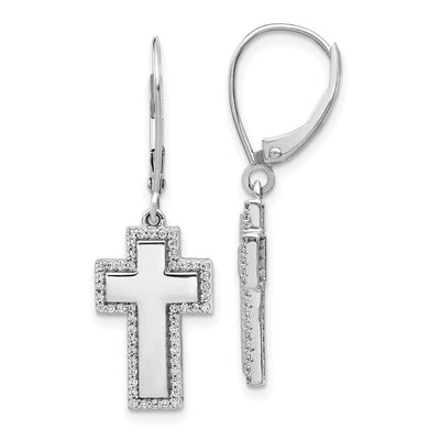 14K White Gold Diamond Fancy Cross Leverback Earrings