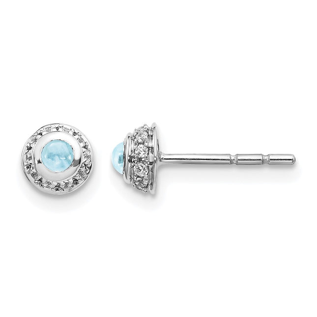 14k White Gold Diamond and Cabochon Aquamarine Earrings, 5 x 5mm
