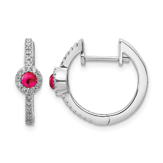 14k White Gold Diamond and Cabochon Ruby Earrings, 16 x 17mm